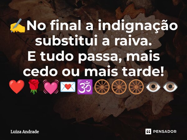 ⁠✍️No final a indignação substitui a raiva. E tudo passa, mais cedo ou mais tarde! ❤️🌹💓💌🕉️🛞🛞🛞👁️👁️... Frase de Luiza Andrade.
