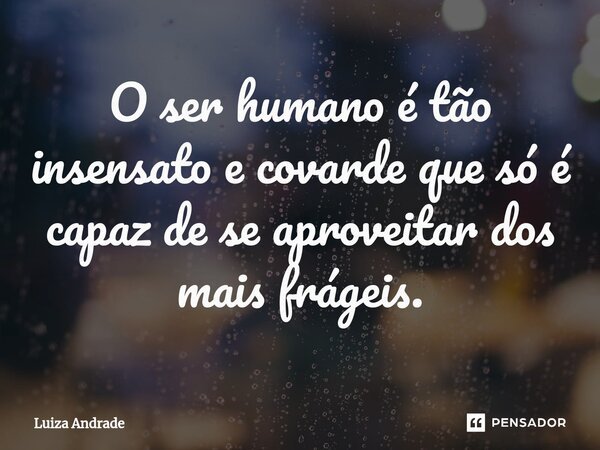 ⁠O ser humano é tão insensato e covarde que só é capaz de se aproveitar dos mais frágeis.... Frase de Luiza Andrade.
