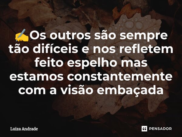 ⁠✍️Os outros são sempre tão difíceis e nos refletem feito espelho mas estamos constantemente com a visão embaçada... Frase de Luiza Andrade.
