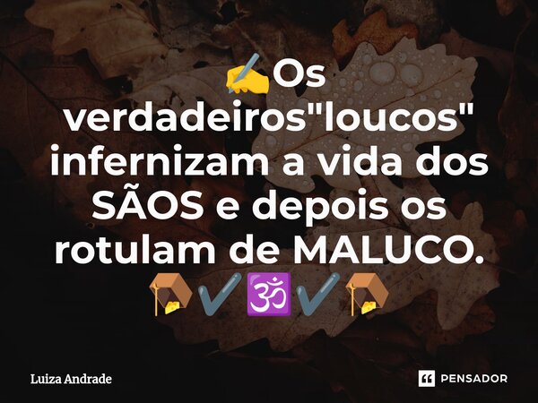 ⁠ ✍️Os verdadeiros "loucos" infernizam a vida dos SÃOS e depois os rotulam de MALUCO. 🪤✔️🕉️✔️🪤... Frase de Luiza Andrade.