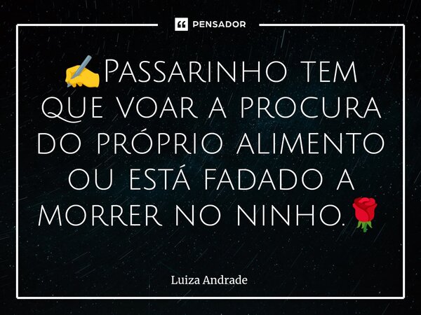 ⁠✍️Passarinho tem que voar a procura do próprio alimento ou está fadado a morrer no ninho.🌹... Frase de Luiza Andrade.