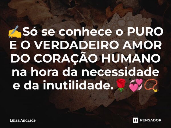 ⁠✍️Só se conhece o PURO E O VERDADEIRO AMOR DO CORAÇÃO HUMANO na hora da necessidade e da inutilidade.🌹💞📿... Frase de Luiza Andrade.