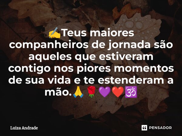 ⁠✍️Teus maiores companheiros de jornada são aqueles que estiveram contigo nos piores momentos de sua vida e te estenderam a mão.🙏🌹💜❤️🕉️... Frase de Luiza Andrade.