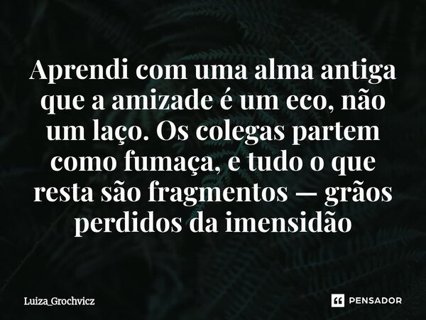 ⁠Aprendi com uma alma antiga que a amizade é um eco, não um laço. Os colegas partem como fumaça, e tudo o que resta são fragmentos — grãos perdidos da imensidão... Frase de Luiza_Grochvicz.