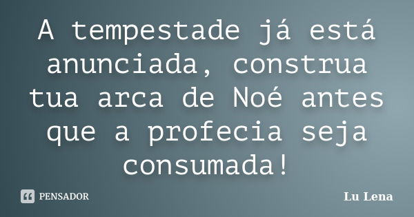 A tempestade já está anunciada, construa tua arca de Noé antes que a profecia seja consumada!... Frase de Lu Lena.