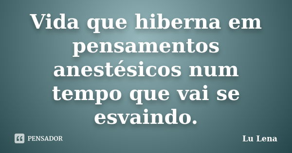 Vida que hiberna em pensamentos anestésicos num tempo que vai se esvaindo.... Frase de Lu Lena.