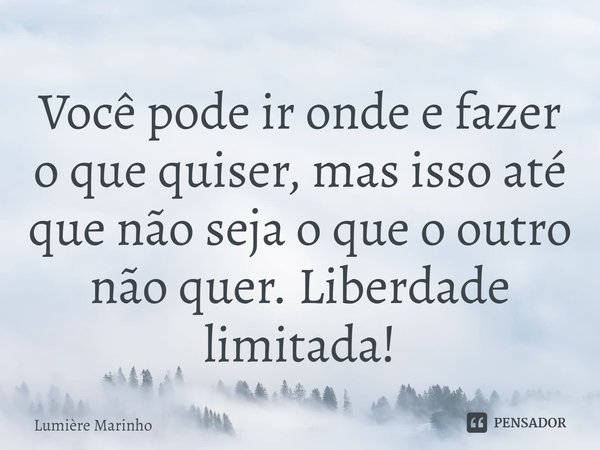 ⁠Você pode ir onde e fazer o que quiser, mas isso até que não seja o que o outro não quer. Liberdade limitada!... Frase de Lumière Marinho.