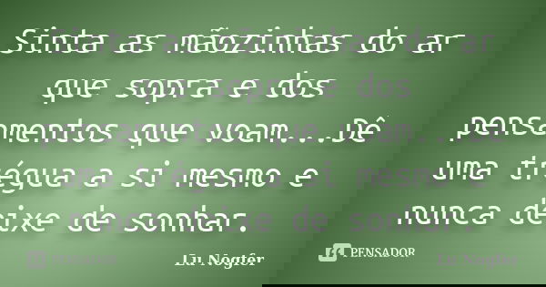Sinta as mãozinhas do ar que sopra e dos pensamentos que voam...Dê uma trégua a si mesmo e nunca deixe de sonhar.... Frase de Lu Nogfer.