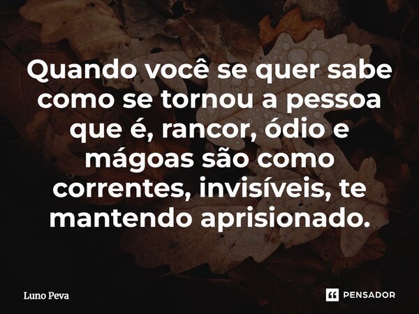 ⁠Quando você se quer sabe como se tornou a pessoa que é, rancor, ódio e mágoas são como correntes, invisíveis, te mantendo aprisionado.... Frase de Luno Peva.