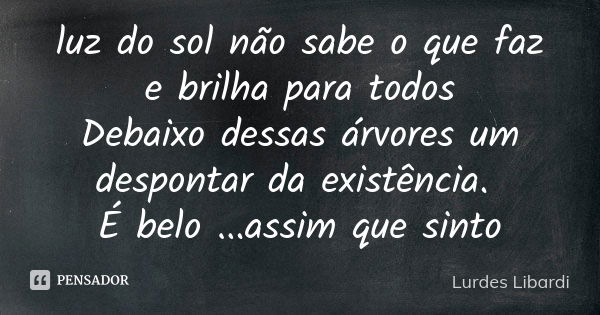 luz do sol não sabe o que faz e brilha para todos Debaixo dessas árvores um despontar da existência. É belo ...assim que sinto... Frase de Lurdes Libardi.