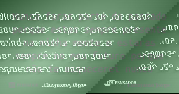 Nunca faras parte do passado porque estas sempre presente na minha mente e estaras sempre no meu futuro porque não te esquecerei nunca... Frase de Luzayamo Jorge.