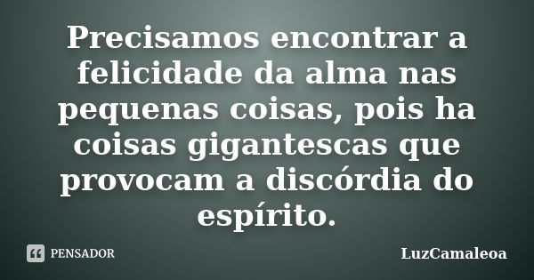 Precisamos encontrar a felicidade da alma nas pequenas coisas, pois ha coisas gigantescas que provocam a discórdia do espírito.... Frase de LuzCamaleoa.