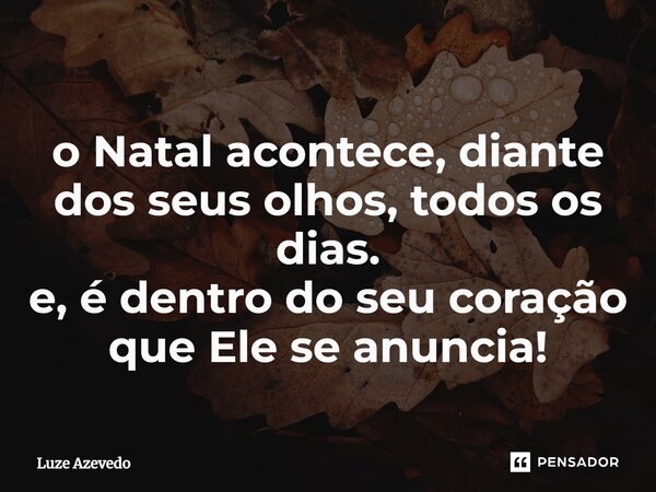 ⁠o Natal acontece, diante dos seus olhos, todos os dias. e, é dentro do seu coração que Ele se anuncia!... Frase de Luze Azevedo.