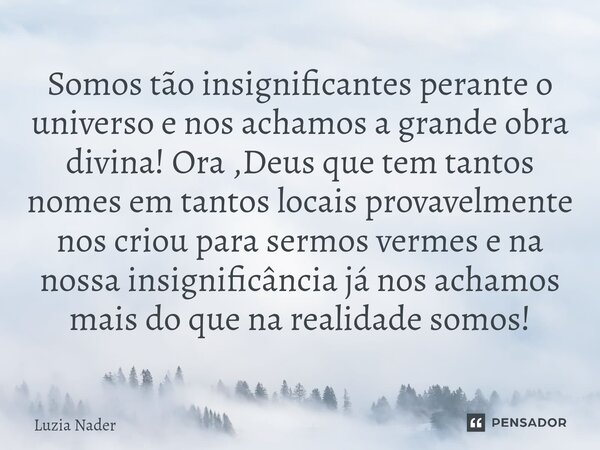 Somos tão insignificantes perante o universo ⁠e nos achamos a grande obra divina! Ora ,Deus que tem tantos nomes em tantos locais provavelmente nos criou para s... Frase de Luzia Nader.