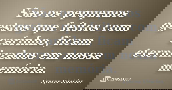 São os pequenos gestos que feitos com carinho, ficam eternizados em nossa memória.... Frase de Lyncon Vinicius.