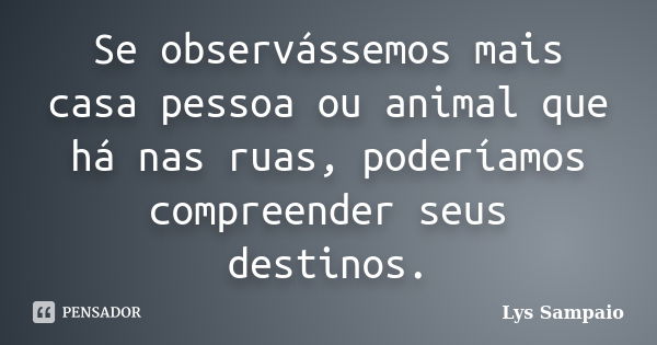 Se observássemos mais casa pessoa ou animal que há nas ruas, poderíamos compreender seus destinos.... Frase de Lys Sampaio.