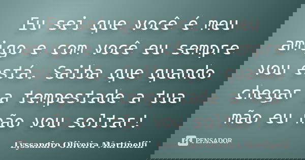 Eu sei que você é meu amigo e com você eu sempre vou está. Saiba que quando chegar a tempestade a tua mão eu não vou soltar!... Frase de Lyssandro Oliveira Martinelli.
