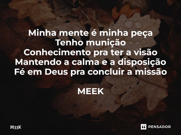 ⁠Minha mente é minha peça Tenho munição Conhecimento pra ter a visão Mantendo a calma e a disposição Fé em Deus pra concluir a missão MEEK... Frase de M33k.