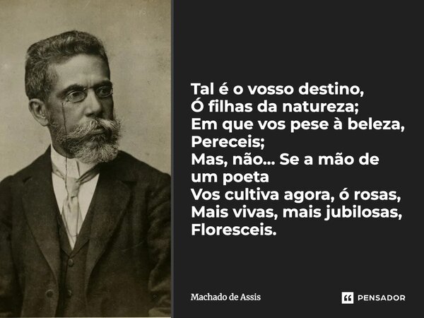 ⁠Tal é o vosso destino, Ó filhas da natureza; Em que vos pese à beleza, Pereceis; Mas, não... Se a mão de um poeta Vos cultiva agora, ó rosas, Mais vivas, mais ... Frase de Machado de Assis.