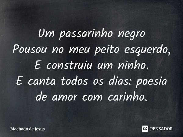 ⁠Um passarinho negro
Pousou no meu peito esquerdo,
E construiu um ninho.
E canta todos os dias: poesia de amor com carinho.... Frase de Machado de Jesus.
