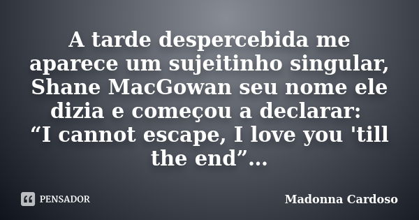 A tarde despercebida me aparece um sujeitinho singular, Shane MacGowan seu nome ele dizia e começou a declarar: “I cannot escape, I love you 'till the end”…... Frase de Madonna Cardoso.