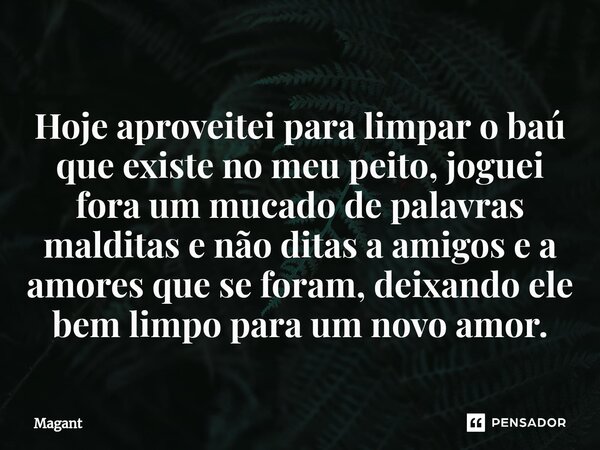 ⁠Hoje aproveitei para limpar o baú que existe no meu peito, joguei fora um mucado de palavras malditas e não ditas a amigos e a amores que se foram, deixando el... Frase de Magant.