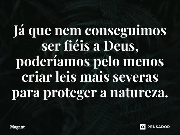 ⁠Já que nem conseguimos ser fiéis a Deus, poderíamos pelo menos criar leis mais severas para proteger a natureza.... Frase de Magant.