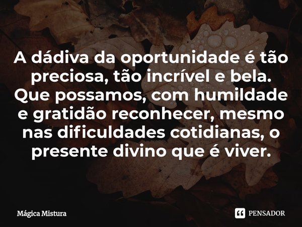 ⁠A dádiva da oportunidade é tão preciosa, tão incrível e bela. Que possamos, com humildade e gratidão reconhecer, mesmo nas dificuldades cotidianas, o presente ... Frase de Mágica Mistura.