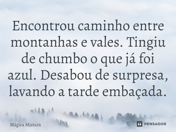 ⁠Encontrou caminho entre montanhas e vales. Tingiu de chumbo o que já foi azul. Desabou de surpresa, lavando a tarde embaçada.... Frase de Mágica Mistura.