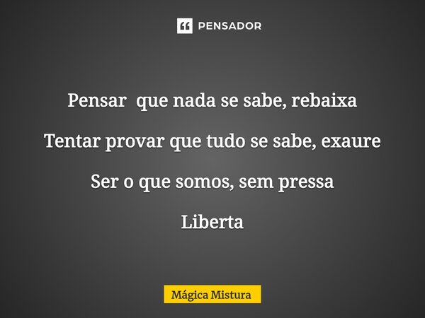 ⁠Pensar que nada se sabe, rebaixa Tentar provar que tudo se sabe, exaure Ser o que somos, sem pressa Liberta... Frase de Mágica Mistura.
