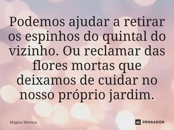 ⁠Podemos ajudar a retirar os espinhos do quintal do vizinho. Ou reclamar das flores mortas que deixamos de cuidar no nosso próprio jardim.... Frase de Mágica Mistura.
