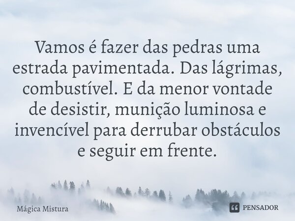 Vamos é fazer das pedras uma estrada pavimentada. Das lágrimas, combustível. E da menor vontade de desistir, munição luminosa e invencível para derrubar obstácu... Frase de Mágica Mistura.