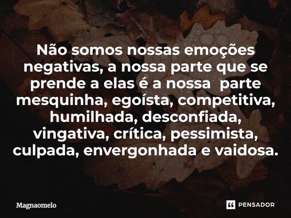 ⁠Não somos nossas emoções negativas, a nossa parte que se prende a elas é a nossa parte mesquinha, egoísta, competitiva, humilhada, desconfiada, vingativa, crít... Frase de MagnaOMelo.