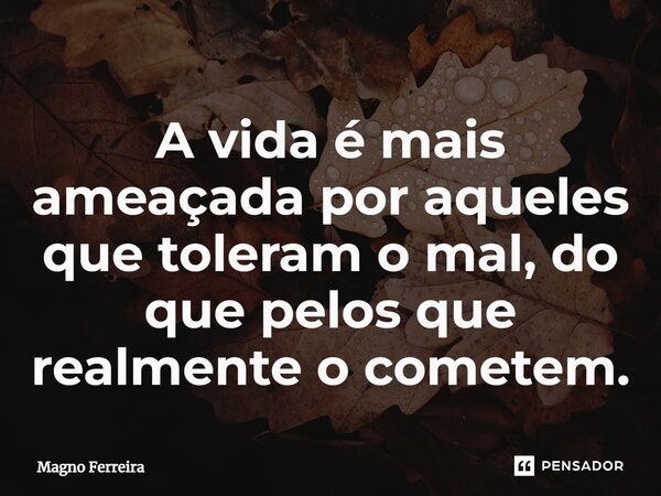 ⁠A vida é mais ameaçada por aqueles que toleram o mal, do que pelos que realmente o cometem.... Frase de Magno Ferreira.