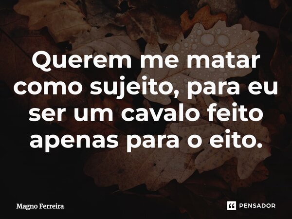 ⁠Querem me matar como sujeito, para eu ser um cavalo feito apenas para o eito.... Frase de Magno Ferreira.