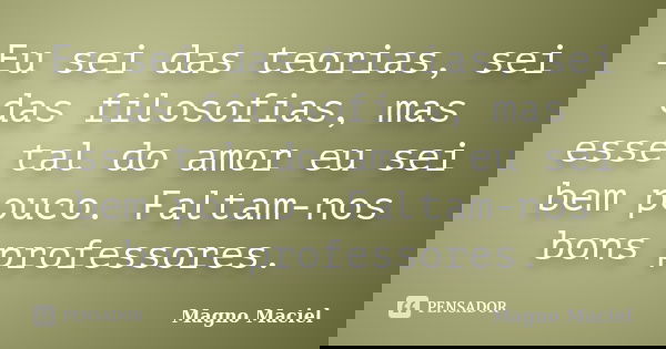 Eu sei das teorias, sei das filosofias, mas esse tal do amor eu sei bem pouco. Faltam-nos bons professores.... Frase de Magno Maciel.