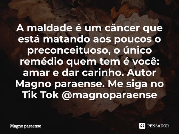 ⁠A maldade é um câncer que está matando aos poucos o preconceituoso, o único remédio quem tem é você: amar e dar carinho. Autor Magno paraense. Me siga no Tik T... Frase de Magno paraense.