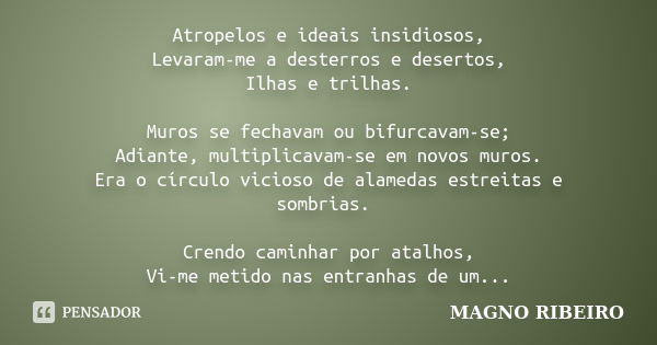 Atropelos e ideais insidiosos, Levaram-me a desterros e desertos, Ilhas e trilhas. Muros se fechavam ou bifurcavam-se; Adiante, multiplicavam-se em novos muros.... Frase de MAGNO RIBEIRO.