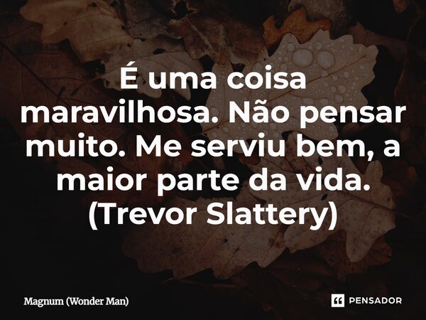 ⁠É uma coisa maravilhosa. Não pensar muito. Me serviu bem, a maior parte da vida. (Trevor Slattery)... Frase de Magnum (Wonder Man).
