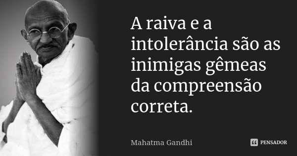 A raiva e a intolerância são as inimigas gêmeas da compreensão correta.... Frase de Mahatma Gandhi.