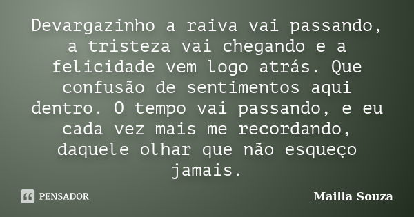 Devargazinho a raiva vai passando, a tristeza vai chegando e a felicidade vem logo atrás. Que confusão de sentimentos aqui dentro. O tempo vai passando, e eu ca... Frase de Mailla Souza.