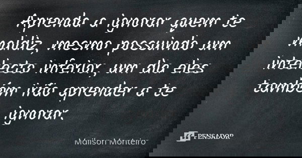 Aprenda a ignorar quem te maldiz, mesmo possuindo um intelecto inferior, um dia eles também irão aprender a te ignorar.... Frase de Mailson Monteiro.