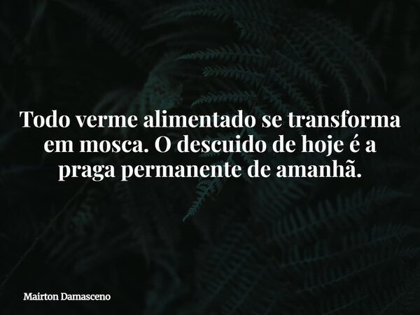 Todo verme alimentado se transforma em mosca. O descuido de hoje é a praga permanente de amanhã.... Frase de Mairton Damasceno.