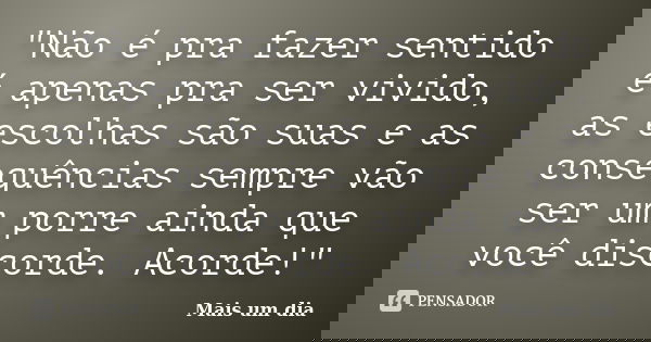 "Não é pra fazer sentido é apenas pra ser vivido, as escolhas são suas e as consequências sempre vão ser um porre ainda que você discorde. Acorde!"... Frase de Mais um Dia.