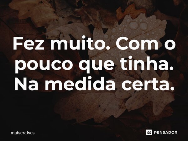 ⁠Fez muito. Com o pouco que tinha. Na medida certa.... Frase de maiseralves.