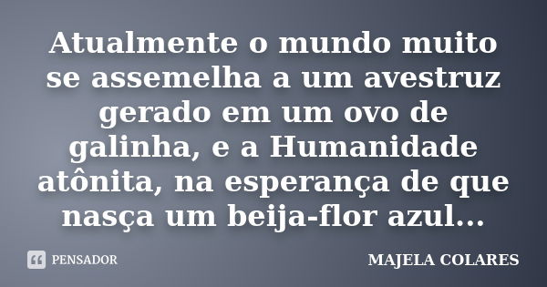 Atualmente o mundo muito se assemelha a um avestruz gerado em um ovo de galinha, e a Humanidade atônita, na esperança de que nasça um beija-flor azul...... Frase de Majela Colares.