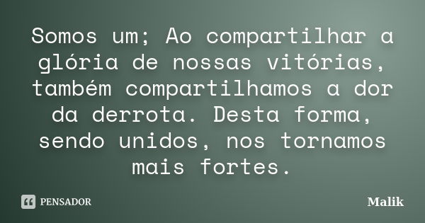 Somos um; Ao compartilhar a glória de nossas vitórias, também compartilhamos a dor da derrota. Desta forma, sendo unidos, nos tornamos mais fortes.... Frase de Malik.