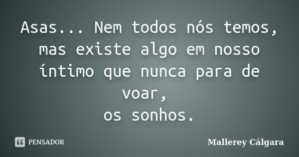 Asas... Nem todos nós temos, mas existe algo em nosso íntimo que nunca para de voar, os sonhos.... Frase de Mallerey Cálgara.