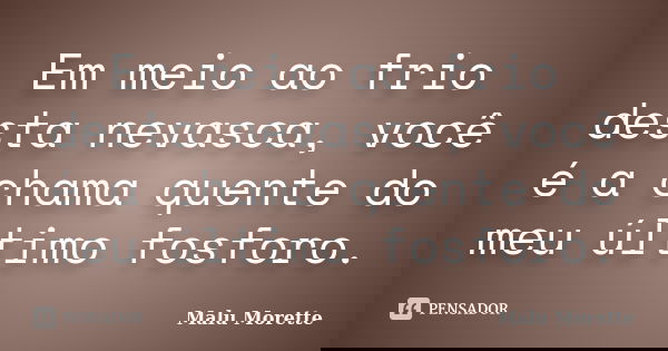 Em meio ao frio desta nevasca, você é a chama quente do meu último fosforo.... Frase de Malu Morette.