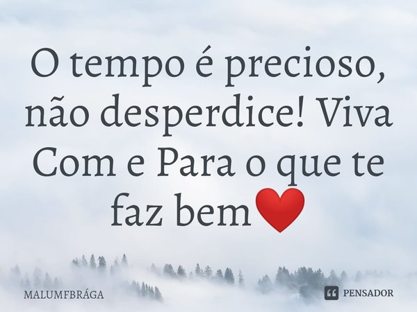 O tempo é precioso, não desperdice! Viva Com e Para o que te faz bem❤️... Frase de MALUMFBRÁGA.